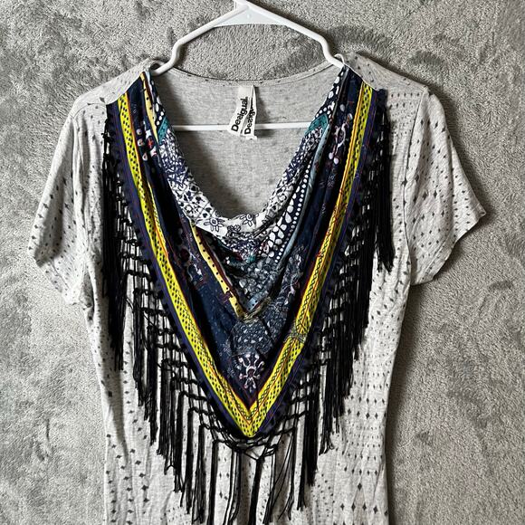 DESIGUAL Melange Scarf Neck Printed Sheath Dress Grey Stretch Large Art Boho - Picture 2 of 5